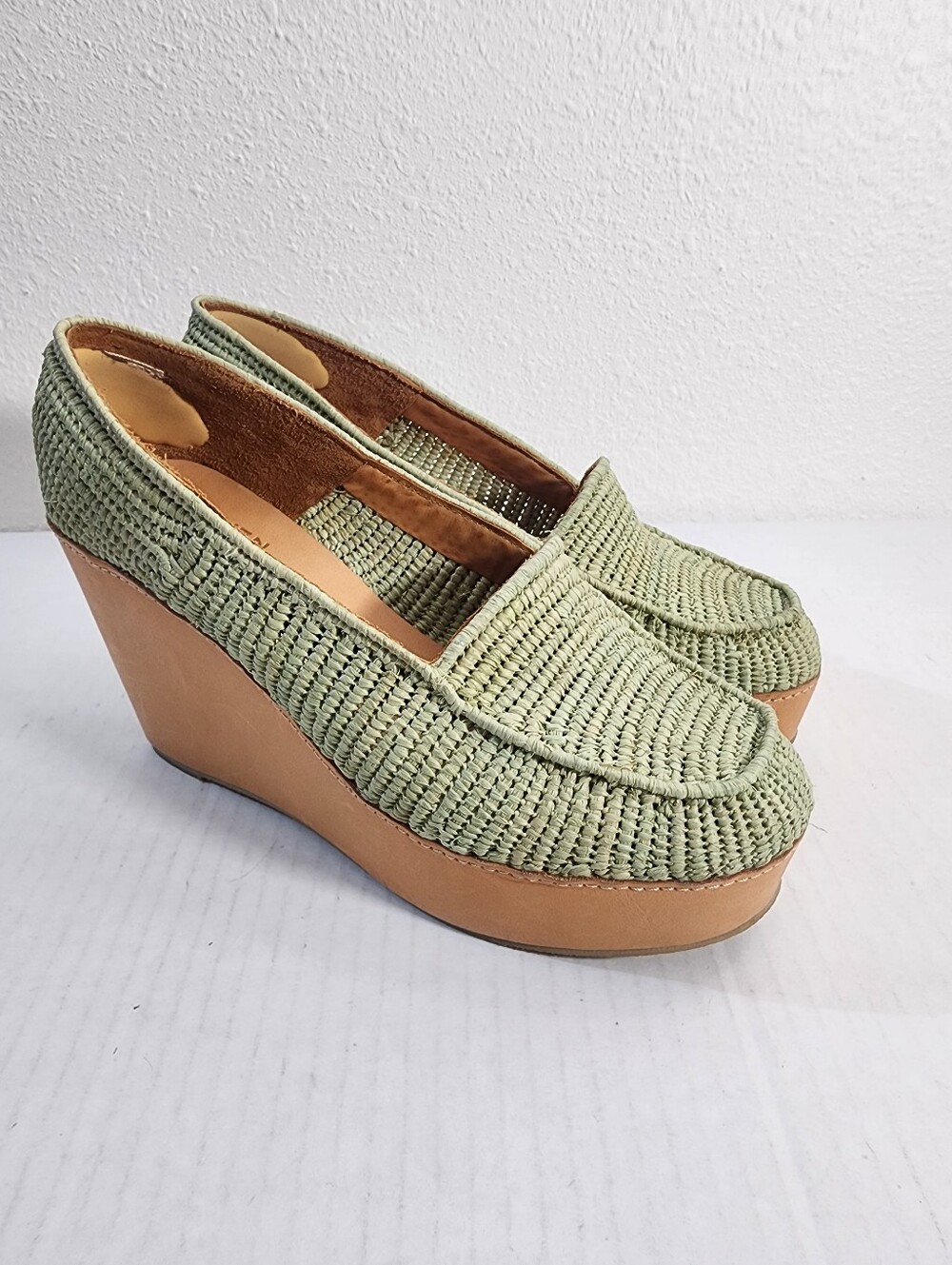 Carven x Robert Clergerie Raffia Platform Loafers Leather Sage Green EU 39.5